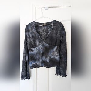 Y2K Style, Floral Sheer Black And Blue Wide Sleeve Top
